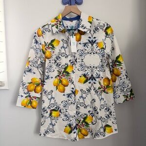 Perlavera XS NEW Lemon Print Button Up Long Sleeve Shirt Spring Preppy White